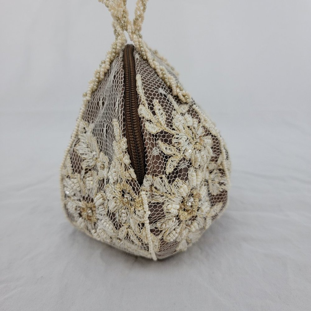 Satin Lace Pearl Bead Brown Ivory/Gold Wedding/Cocktail Small Ball Handbag Purse - Picture 10 of 12